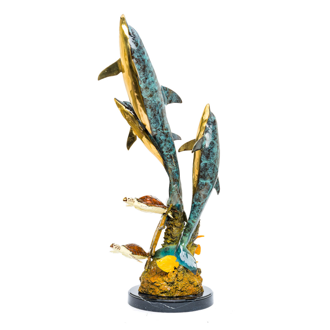 Marine life scene in bronze, with dolphins leaping and turtles gliding.