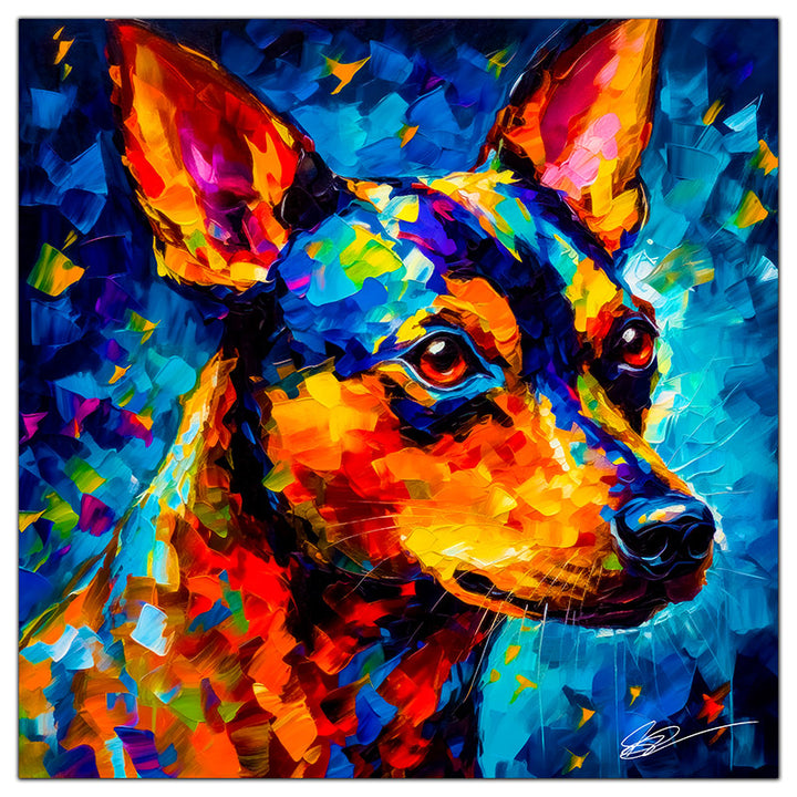 Colorful Miniature Pinscher portrait in modern art style, perfect for home decor.