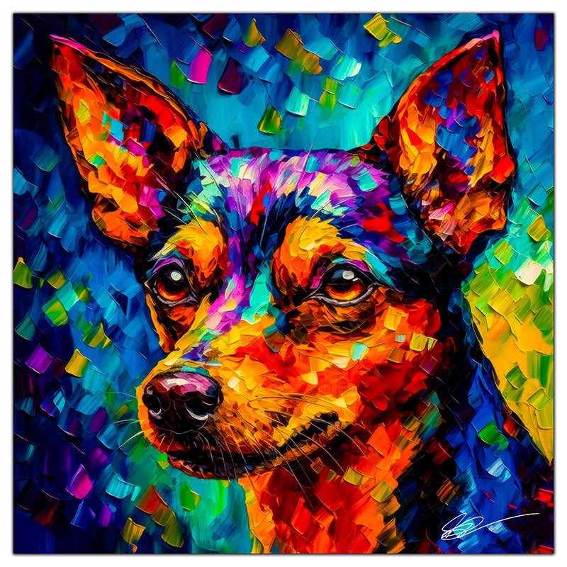 Colorful Miniature Pinscher portrait in modern art style, perfect for home decor.