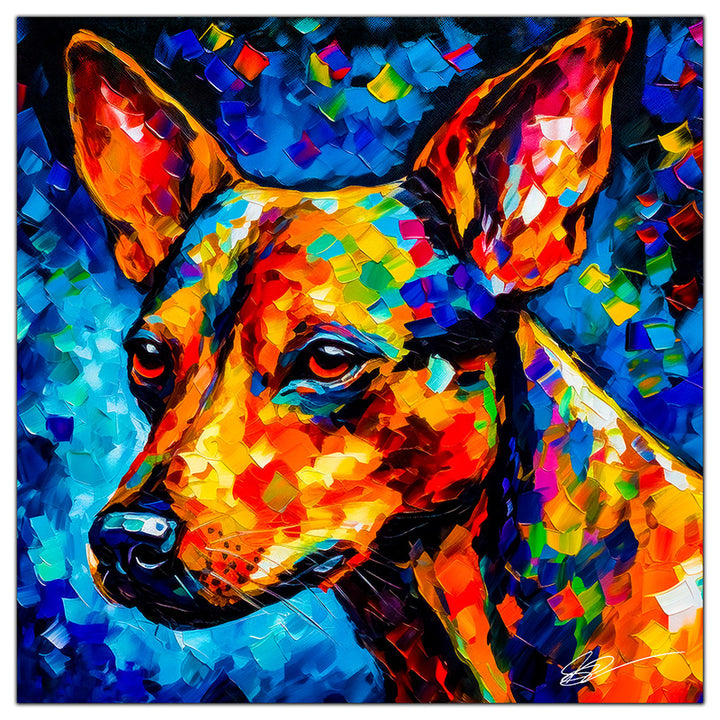 Colorful Miniature Pinscher portrait in modern art style, perfect for home decor.