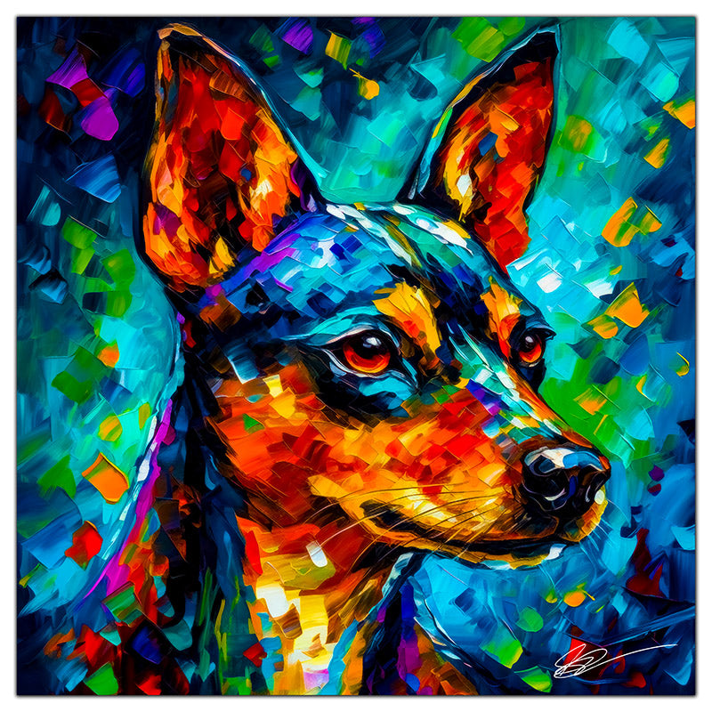 Colorful Miniature Pinscher portrait in modern art style, perfect for home decor.