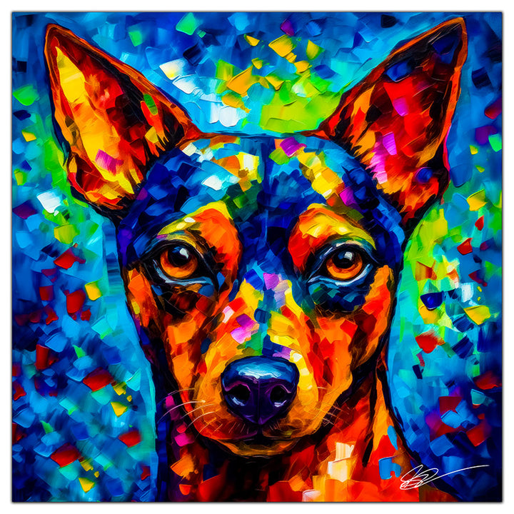 Colorful Miniature Pinscher portrait in modern art style, perfect for home decor.