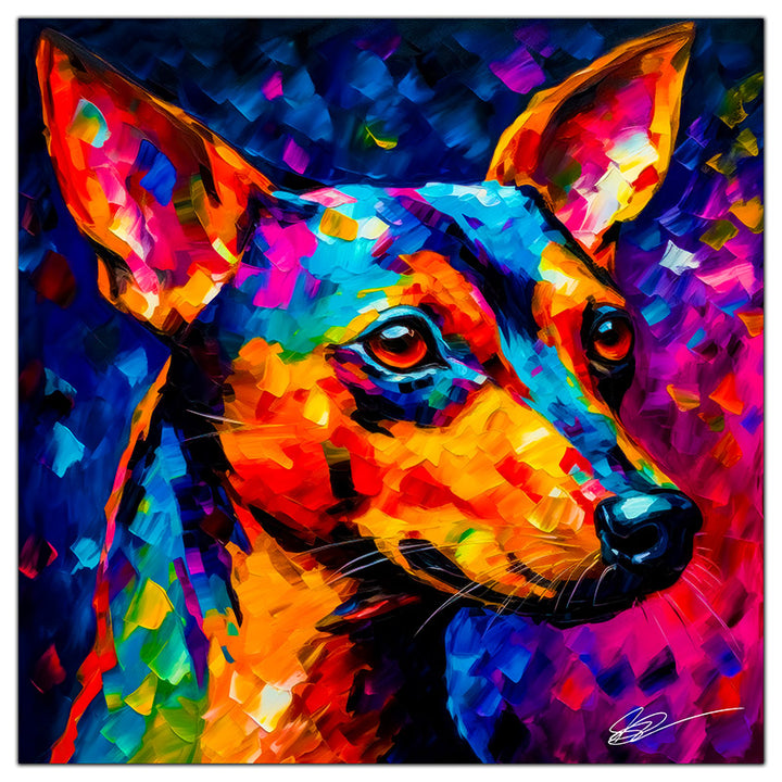 Colorful Miniature Pinscher portrait in modern art style, perfect for home decor.