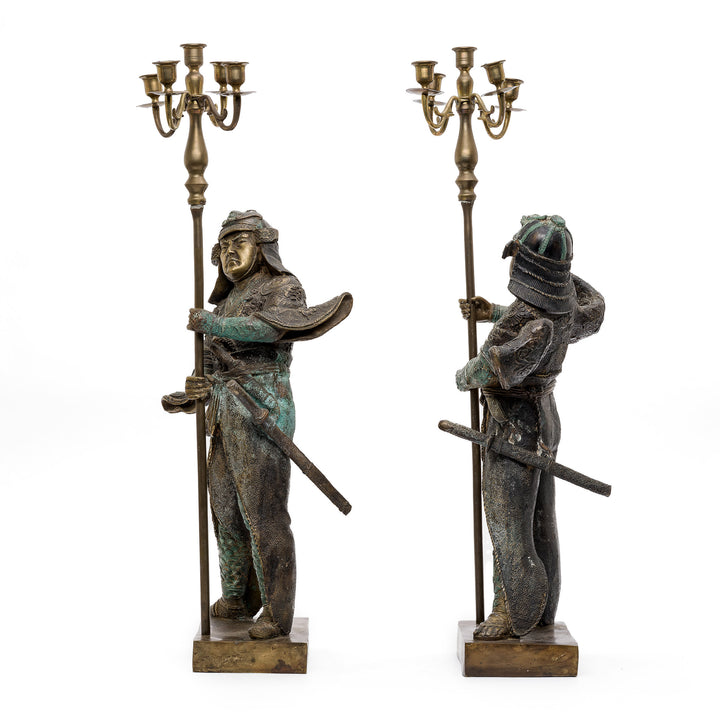 Museum-quality bronze samurai sculptures with five-arm candleholders