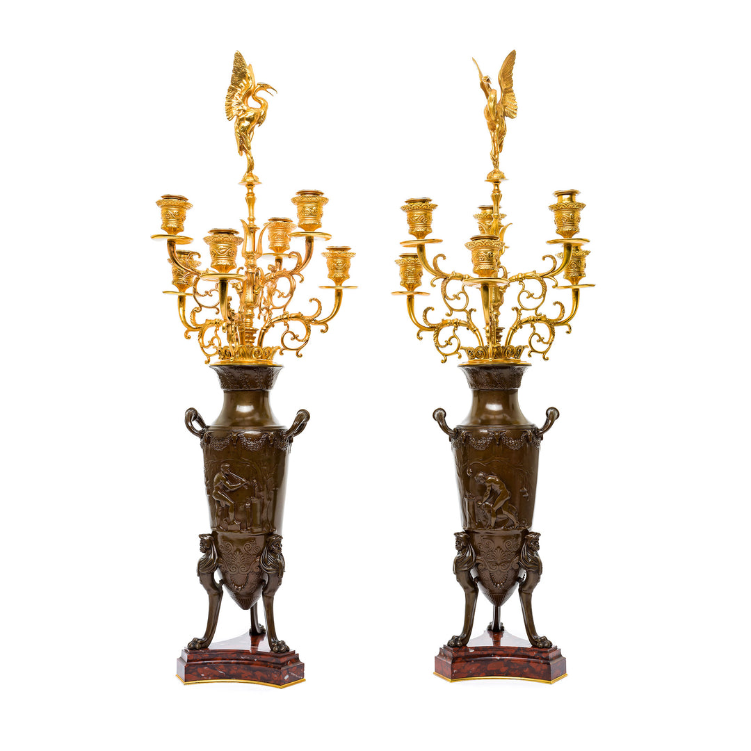 Pair of 19th-century bronze and gilded candelabras.