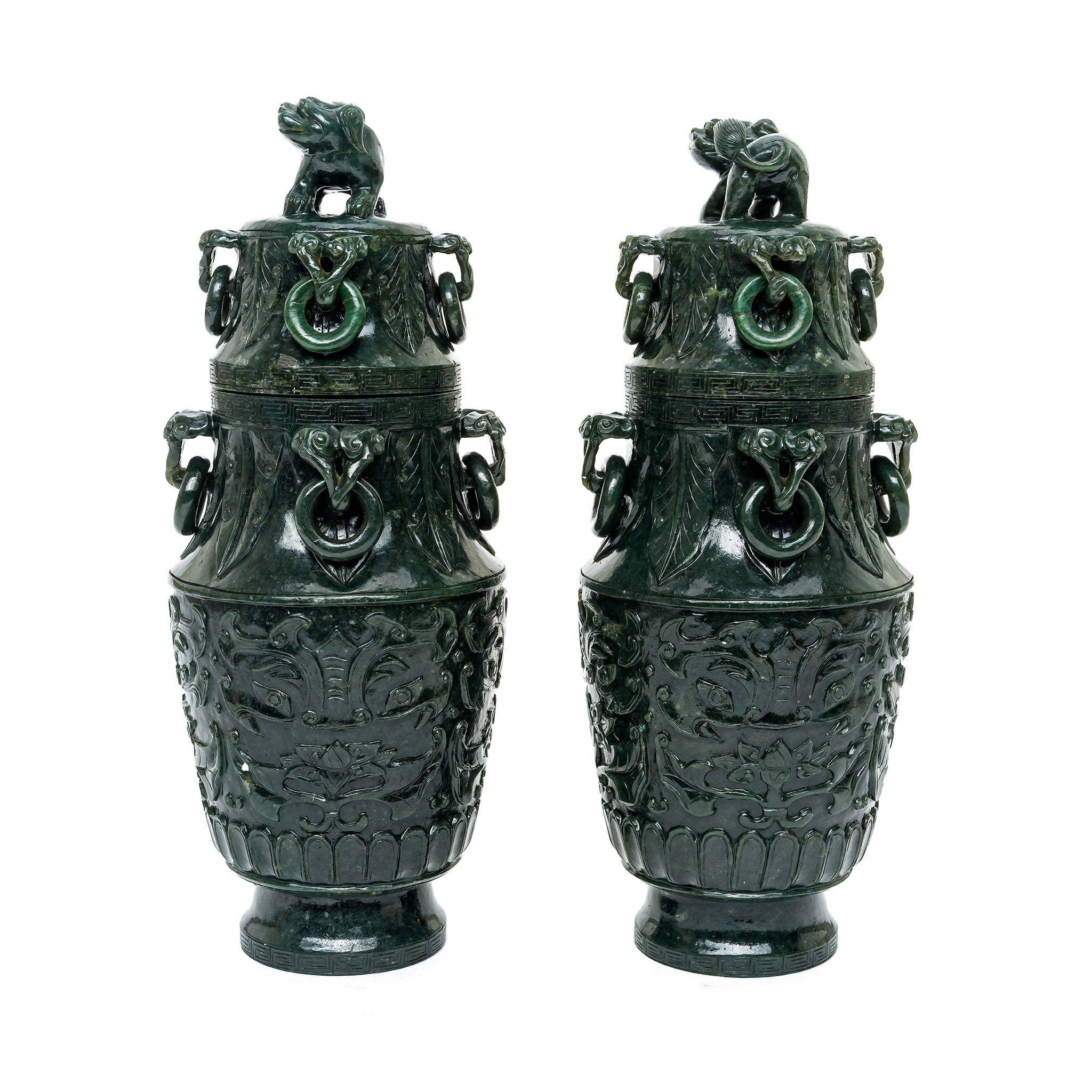 Vase Amphi Small グリーン Vintage Pair of Spinach Green Jade Vases with Intricate Carv