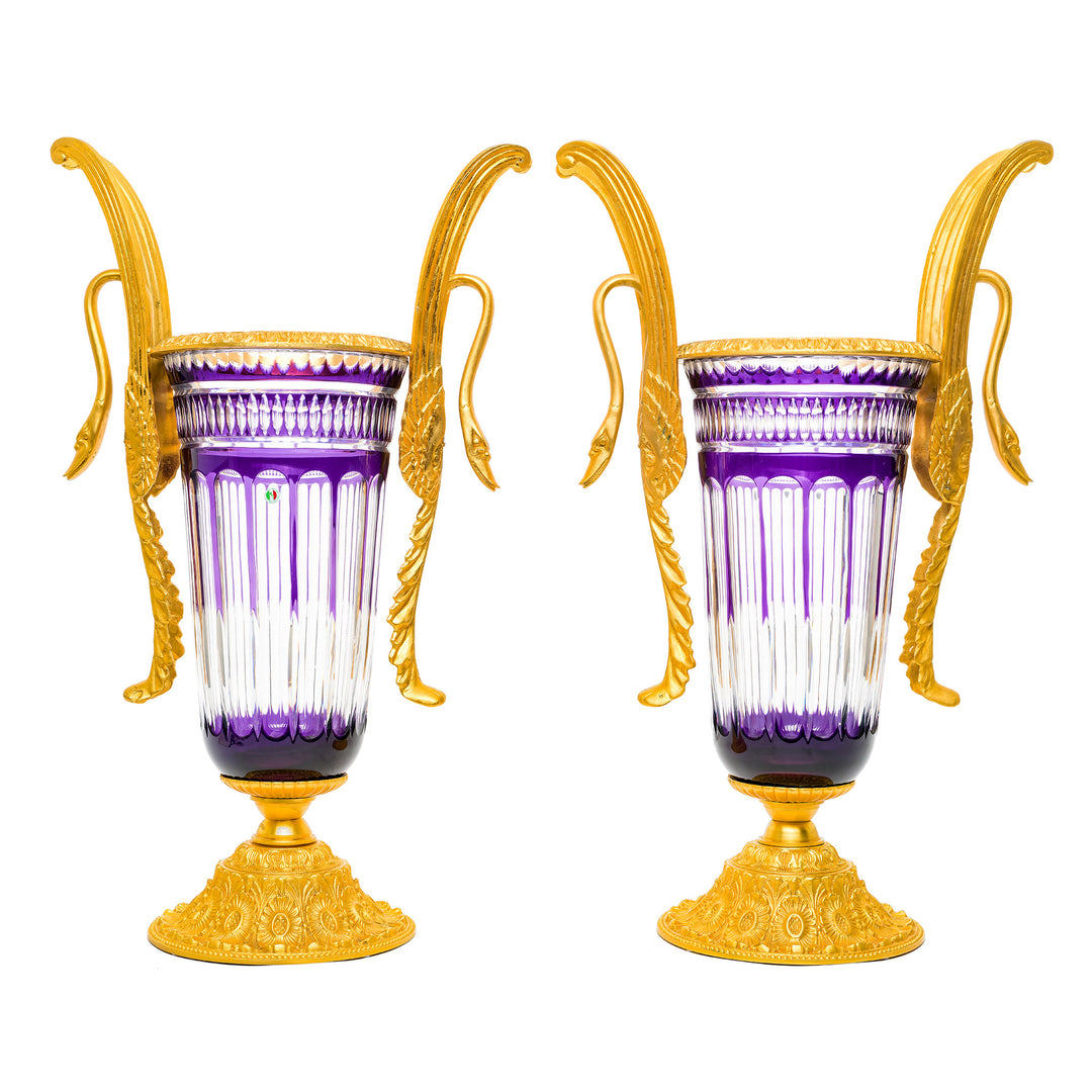 Pair of amethyst vases with hand-blown crystal