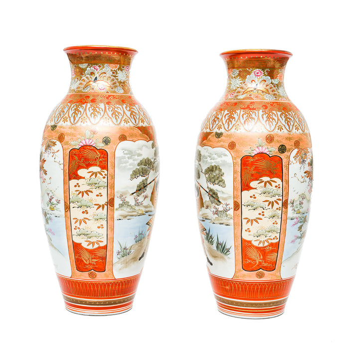 Pair of vintage Kutani vases with hand-painted scenes.