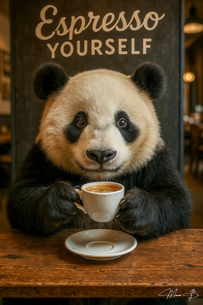 Panda drinking espresso coffee in cafe-themed metal wall art