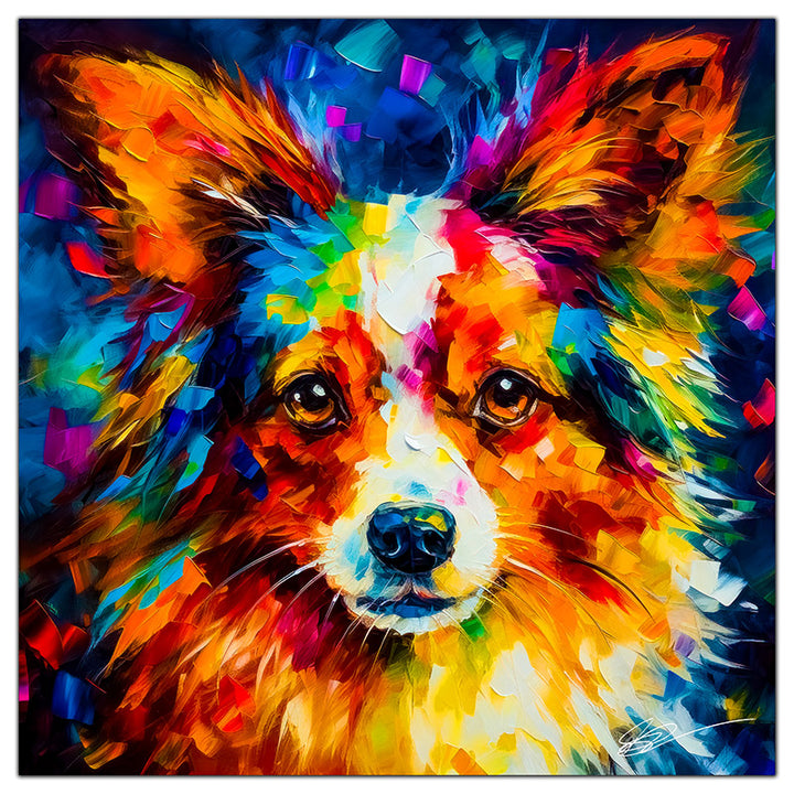 Colorful Papillon portrait in modern art style, perfect for home decor.