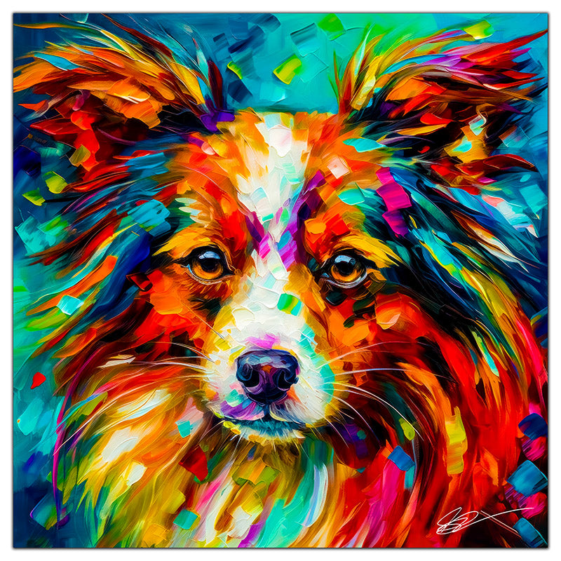 Colorful Papillon portrait in modern art style, perfect for home decor.