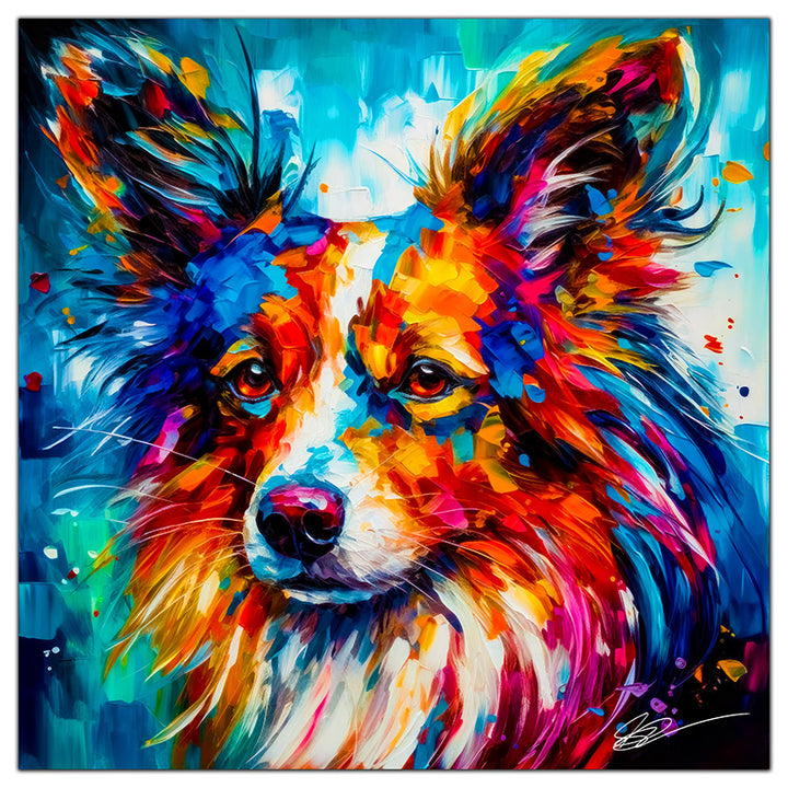 Colorful Papillon portrait in modern art style, perfect for home decor.