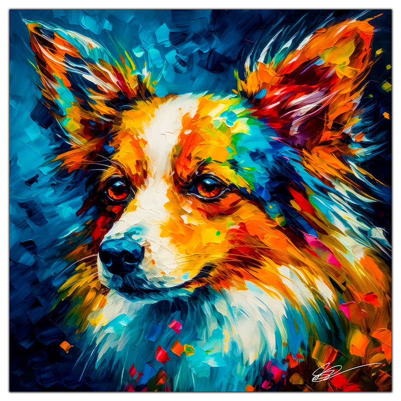 Colorful Papillon portrait in modern art style, perfect for home decor.