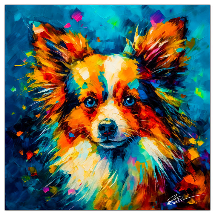 Colorful Papillon portrait in modern art style, perfect for home decor.