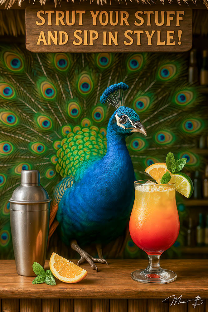 Peacock at cocktail bar with colorful tropical drink metal wall art