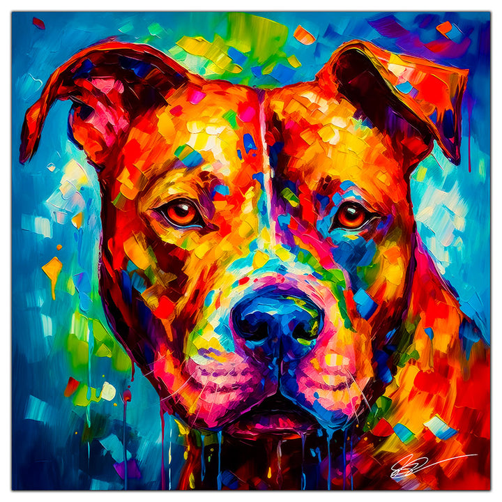 Colorful Pitbull portrait in modern art style, perfect for home decor.