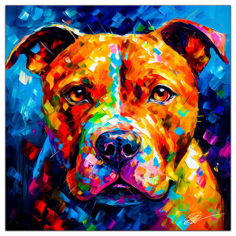 Colorful Pitbull portrait in modern art style, perfect for home decor.