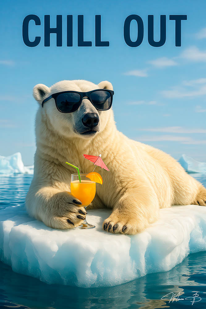 Polar bear wearing sunglasses sipping tropical cocktail on iceberg metal wall art