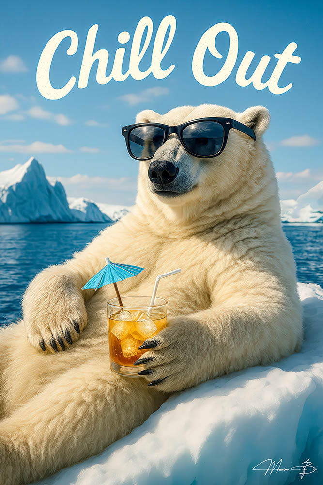 Cool polar bear relaxing with cocktail and sunglasses on ice metal wall art