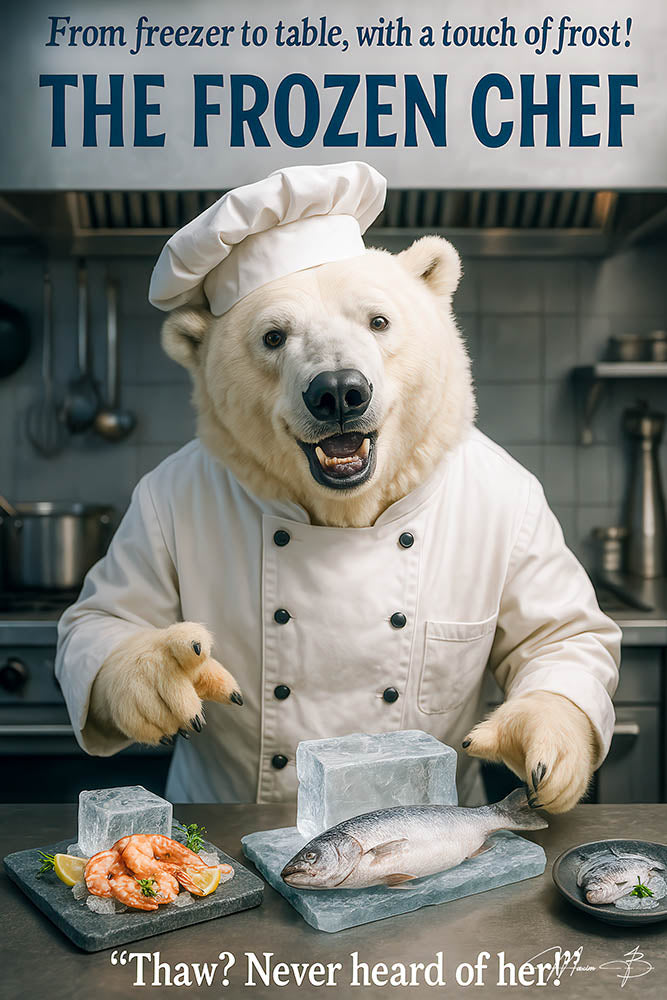 Polar bear chef humorous frozen food kitchen metal wall art