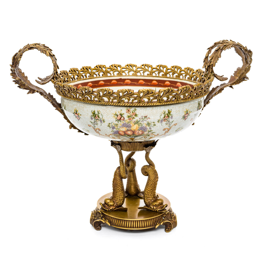 Porcelain and Bronze centerpiece with crackled porcelain and floral designs.