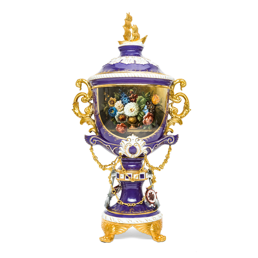 Purple porcelain vase with hand-painted floral bouquets