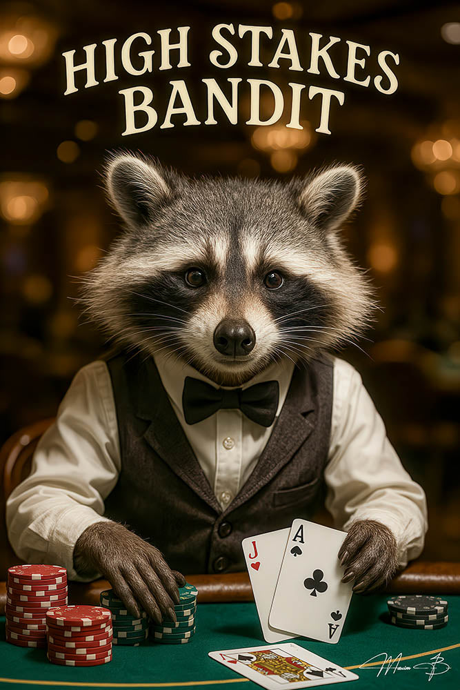 High Stakes Bandit raccoon blackjack dealer metal print artwork