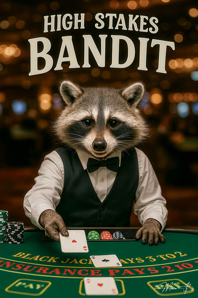 High Stakes Bandit II raccoon blackjack dealer metal print artwork