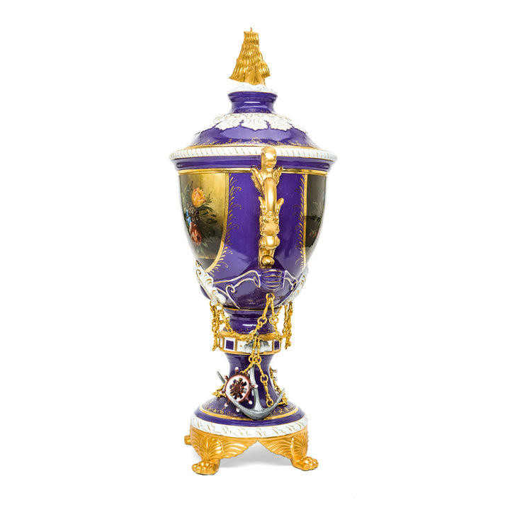 Regal purple vase with 24kt gold trim and sail ship finial