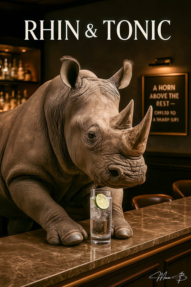 Rhinoceros enjoying gin and tonic humorous bar metal wall art