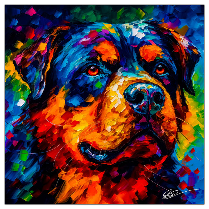 Colorful Rottweiler portrait in modern art style, perfect for home decor.