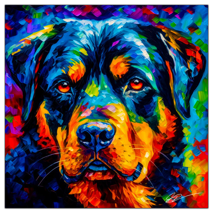 Colorful Rottweiler portrait in modern art style, perfect for home decor.