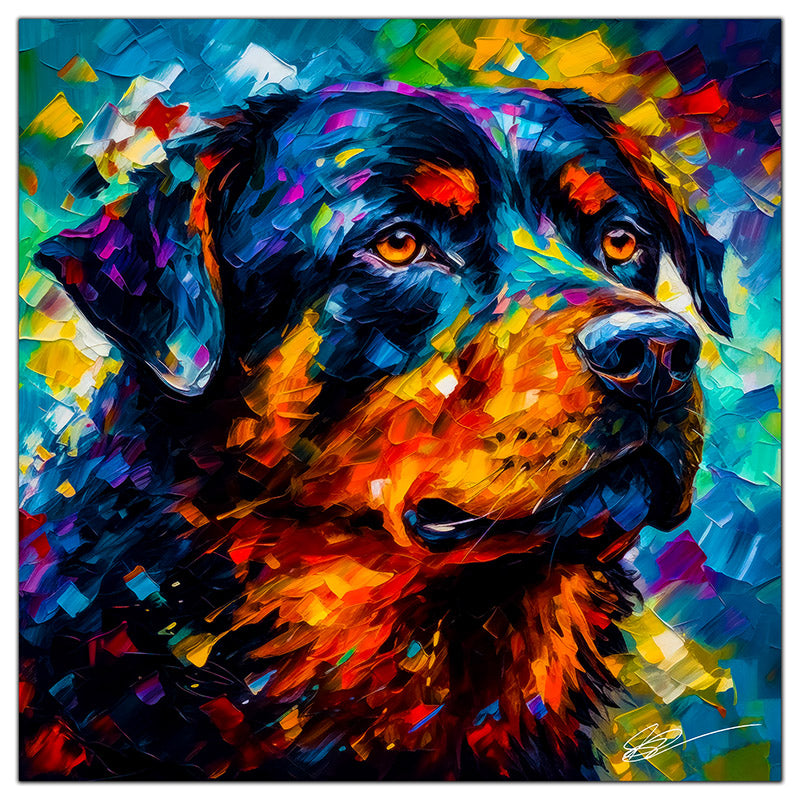 Colorful Rottweiler portrait in modern art style, perfect for home decor.