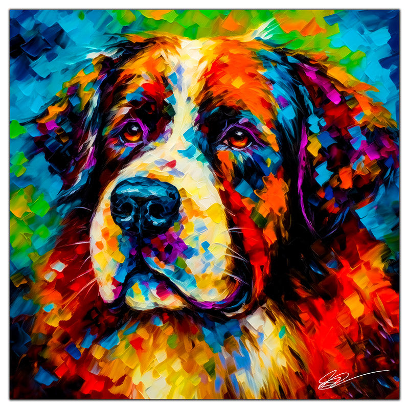 Colorful Saint Bernard portrait in modern art style, perfect for home decor.