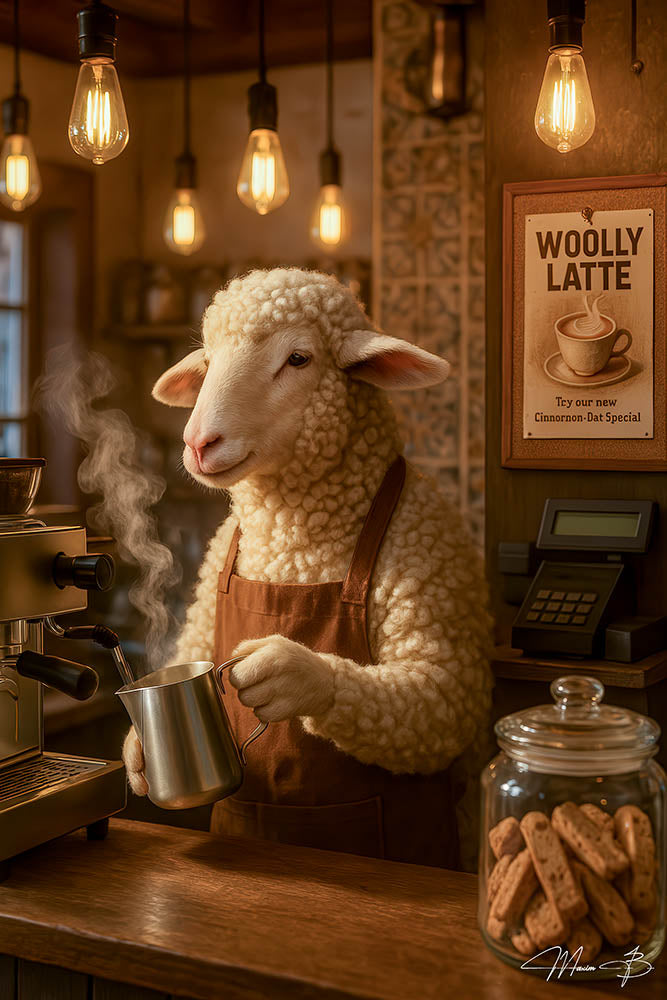 Sheep barista steaming latte humorous coffee shop metal wall art