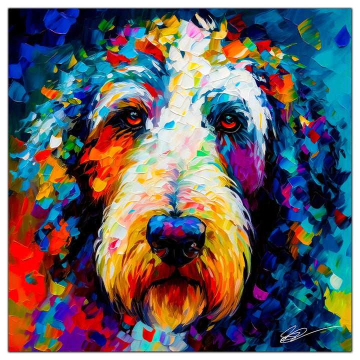 Colorful Sheepadoodle portrait in modern art style, perfect for home decor.