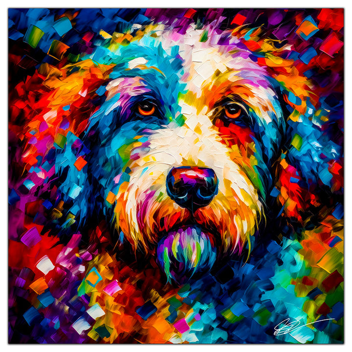 Colorful Sheepadoodle portrait in modern art style, perfect for home decor.