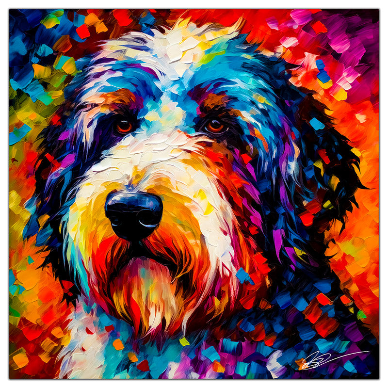 Colorful Sheepadoodle portrait in modern art style, perfect for home decor.