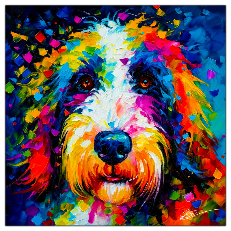 Colorful Sheepadoodle portrait in modern art style, perfect for home decor.