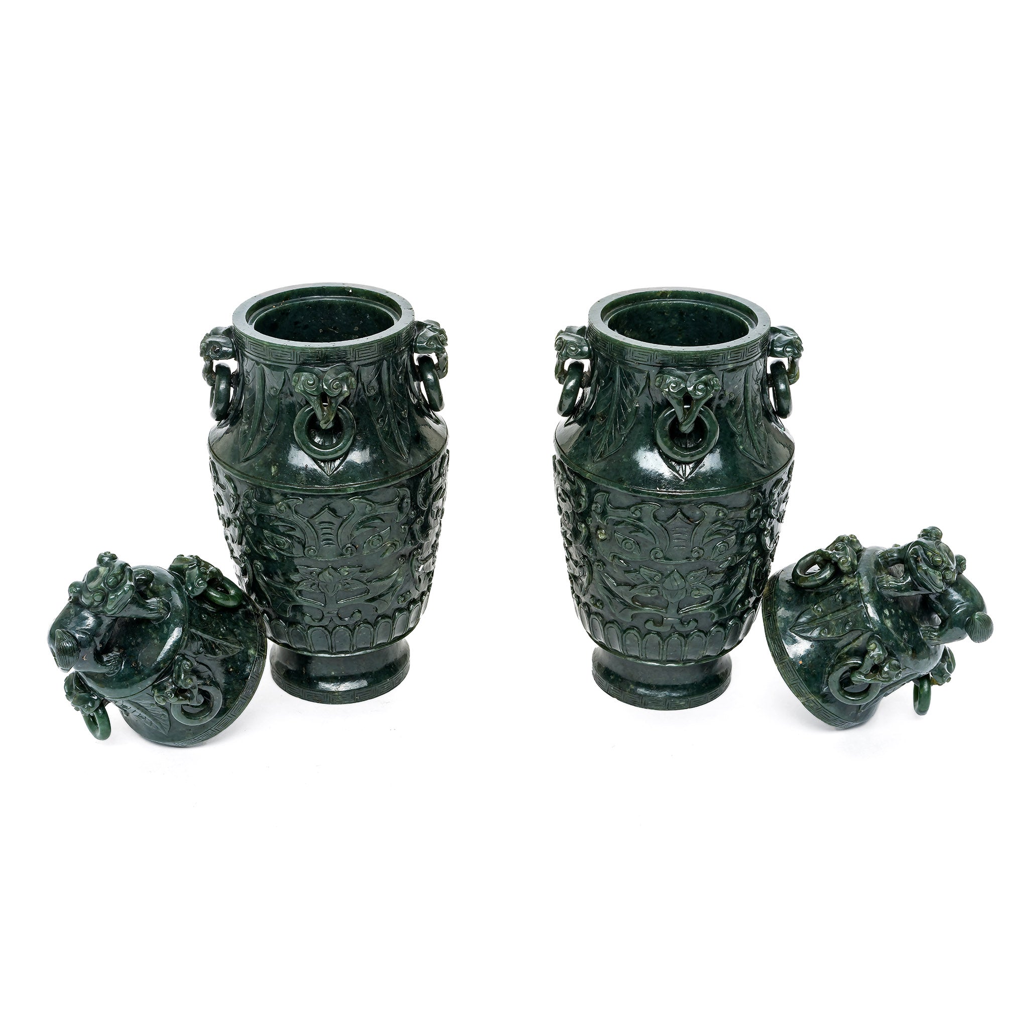 Vase Amphi Small グリーン Vintage Pair of Spinach Green Jade Vases with Intricate Carv