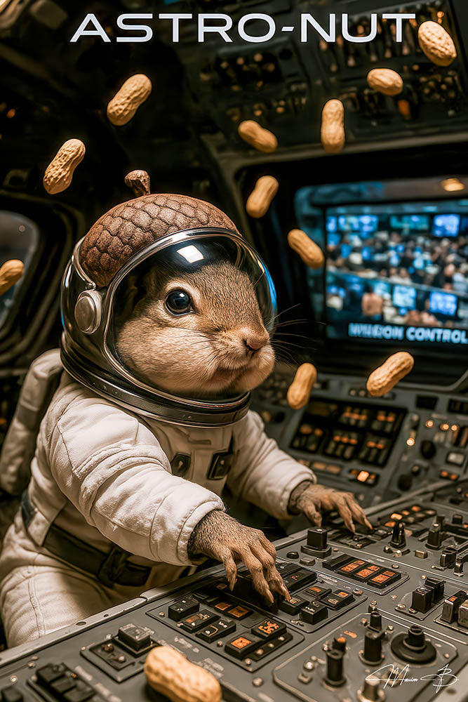 Astro-Nut II squirrel astronaut floating peanuts space metal print artwork