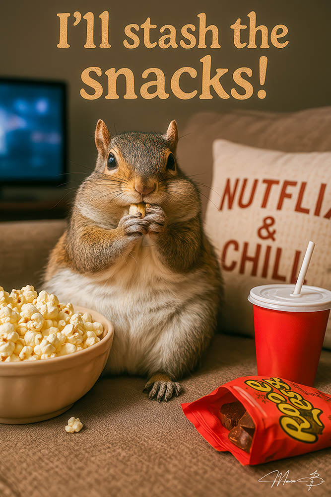 I'll Stash The Snacks squirrel eating popcorn and candy cozy metal print artwork