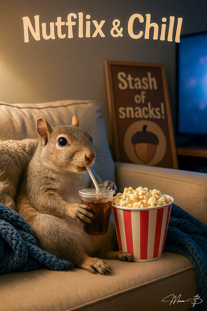 Nutflix and Chill squirrel relaxing with popcorn and soda cozy metal print artwork
