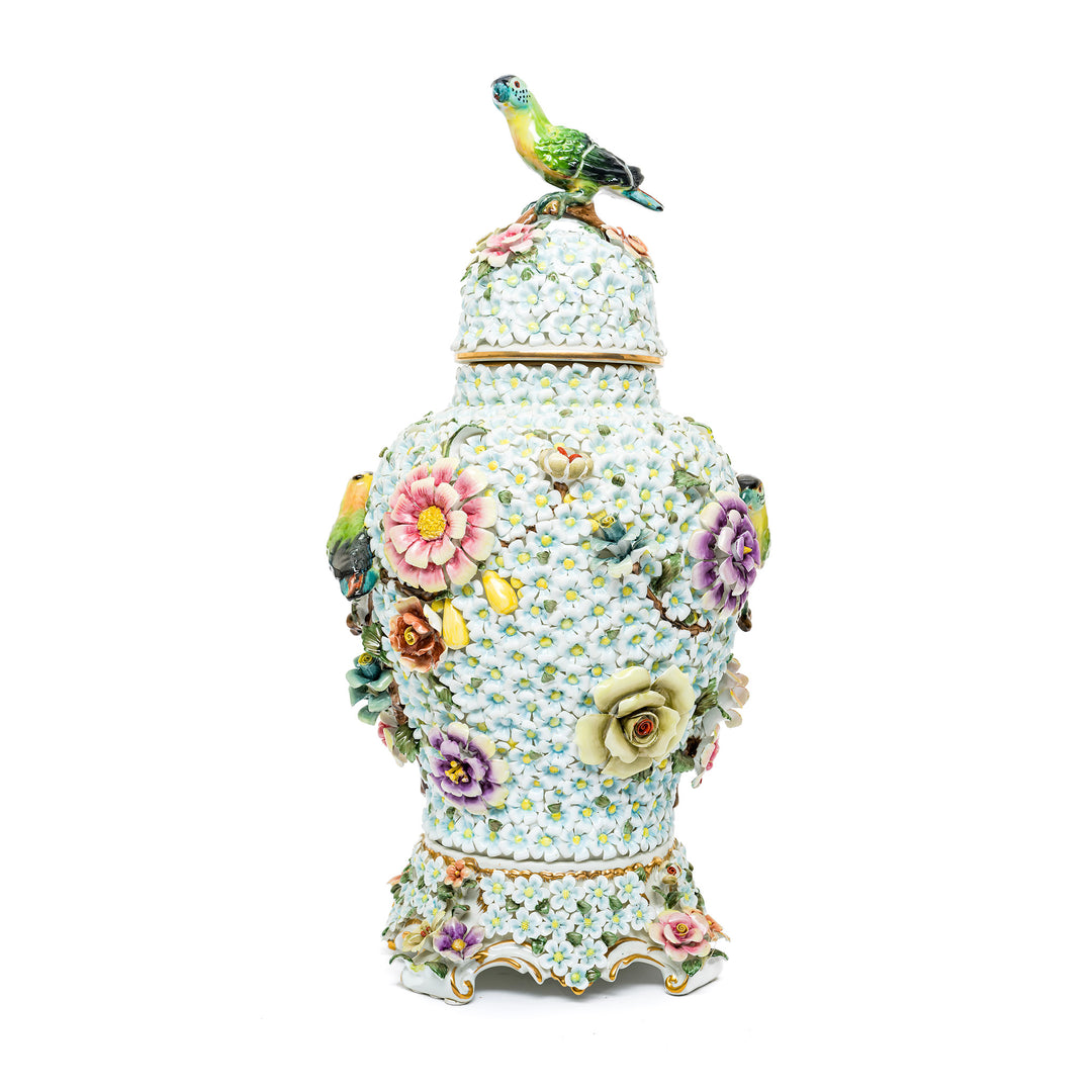 Stunning Capodimonte porcelain vase with vibrant flowers and birds.