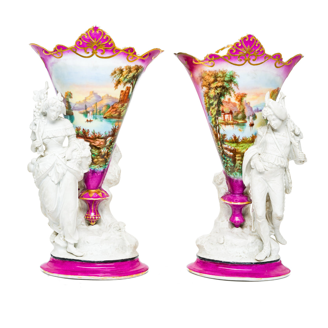 Victorian Romance porcelain vases with hand-painted pastoral scenes.