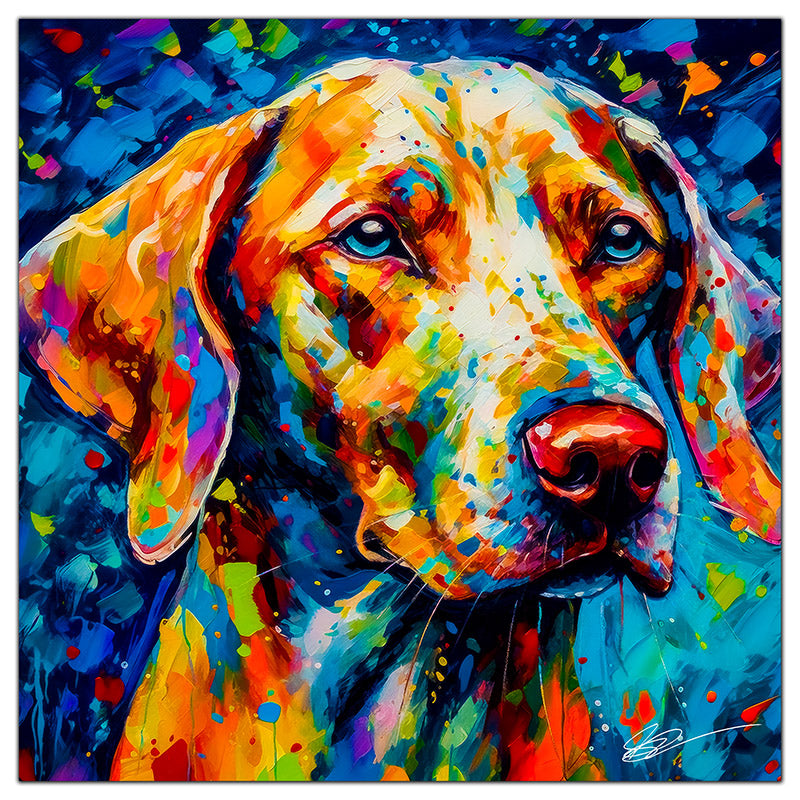 Colorful Weimaraner portrait in modern art style, perfect for home decor.