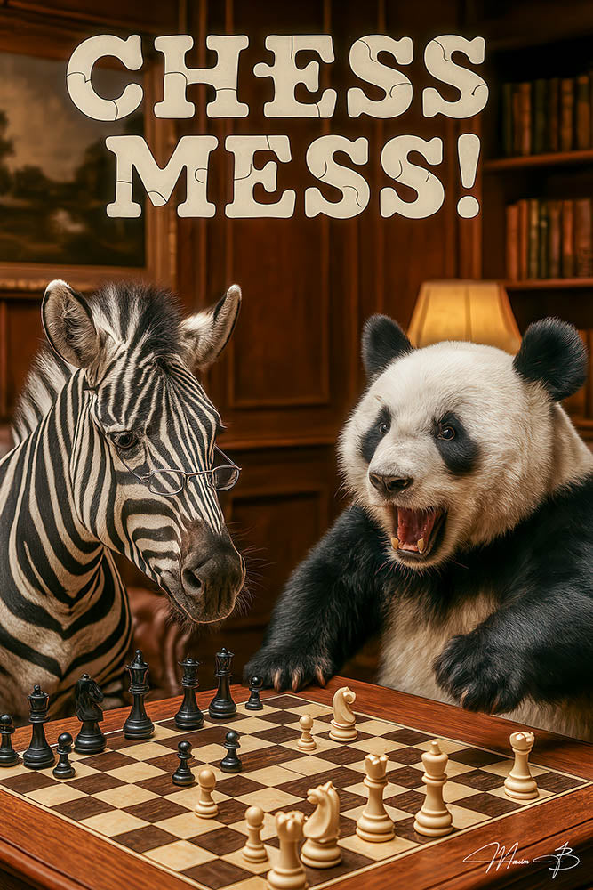 Zebra and panda playing chess humorous metal wall art