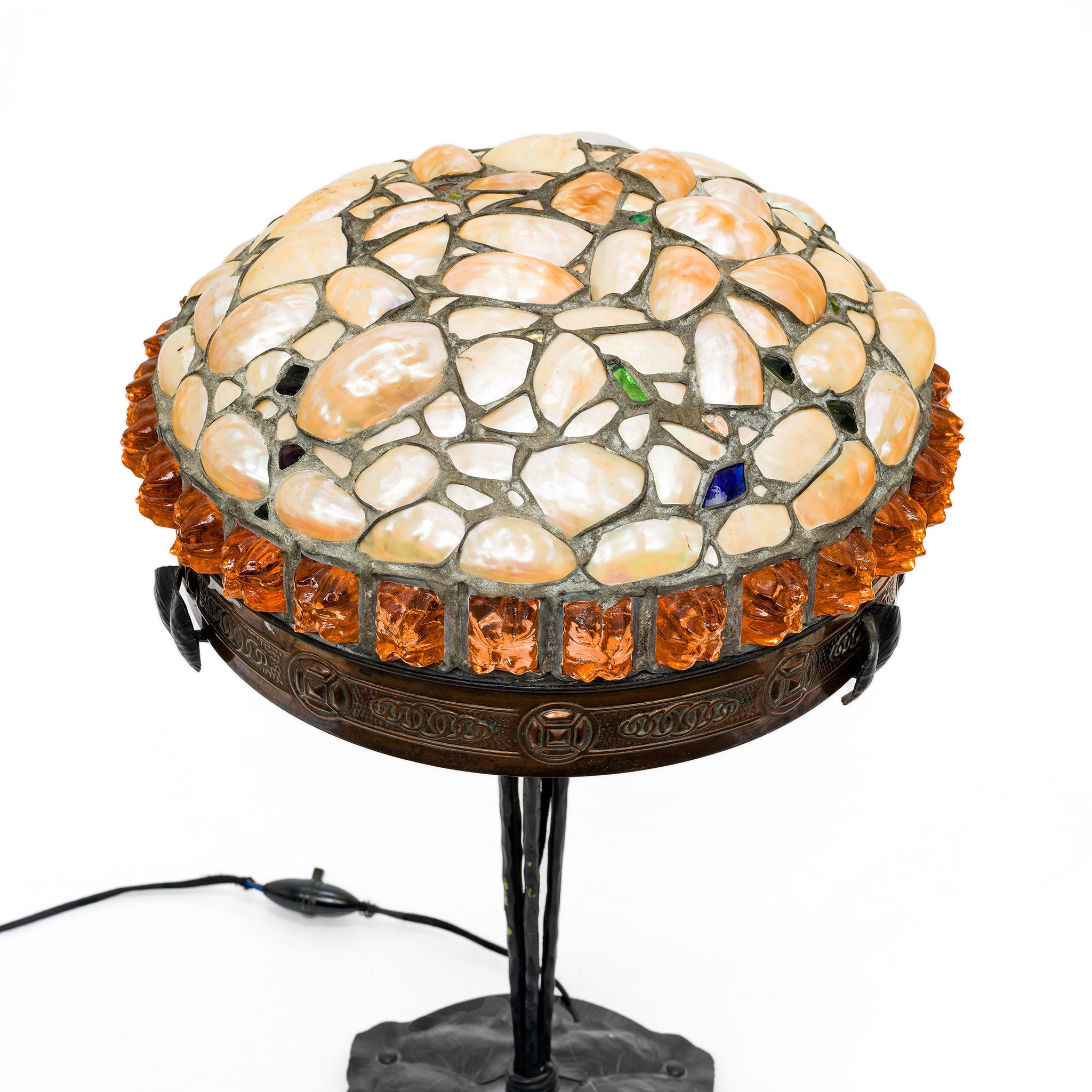 Antique Austrian Shell Mosaic & Amber Jewel Lamp