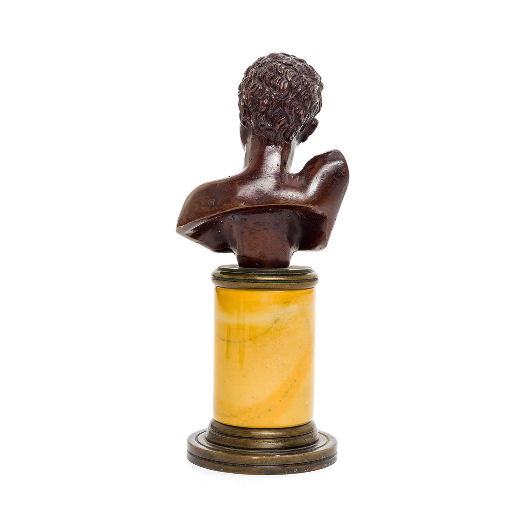 Bronze bust with amber marble base, crafted in Italy, ideal for elegant décor.