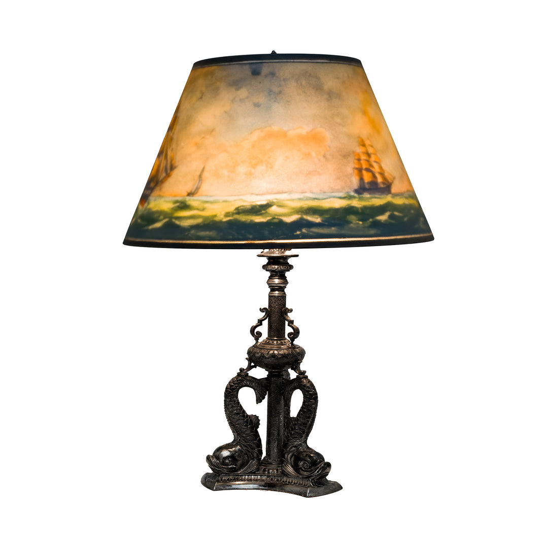 Ambient glow from sea scene glass lamp shade